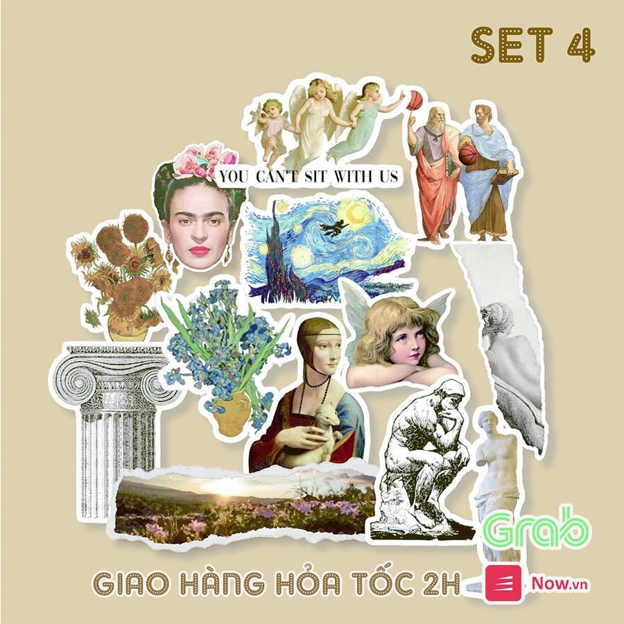 Bộ sticker chống thấm nước trang trí mũ bảo hiểm, laptop chủ đề hội họa cổ điển phong cách vintage classic tranh đêm đầy