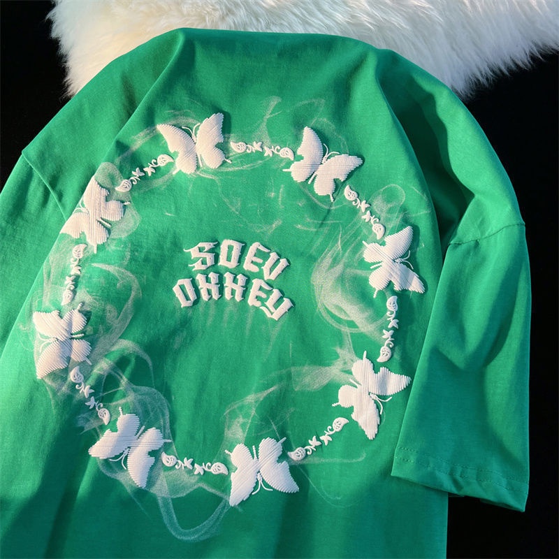 Áo Thun Tay Ngắn Dáng Rộng In Hình Bướm Khói Kiểu Đường Phố Mỹ Cá Tính Cho Nữ