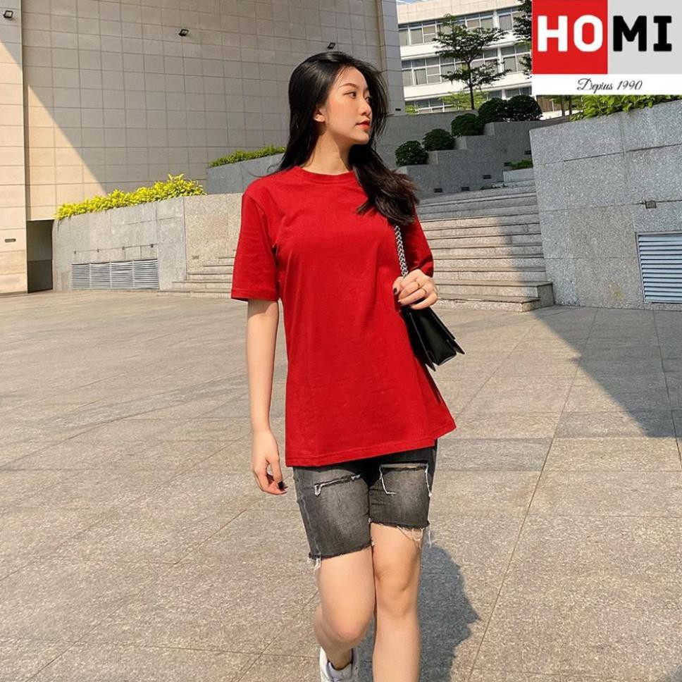 Áo Thun Basic Trơn Unisex 100% cotton, áo form nam nữ tay lỡ màu Đỏ Đô-HOMI Fashion  ྇