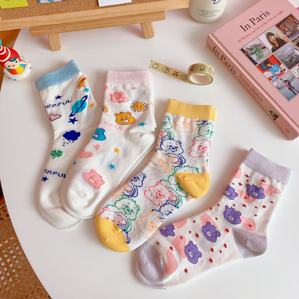 Tất Vớ Nữ Cao Cổ Cotton Viền Nhún Màu Họa Tiết Cute