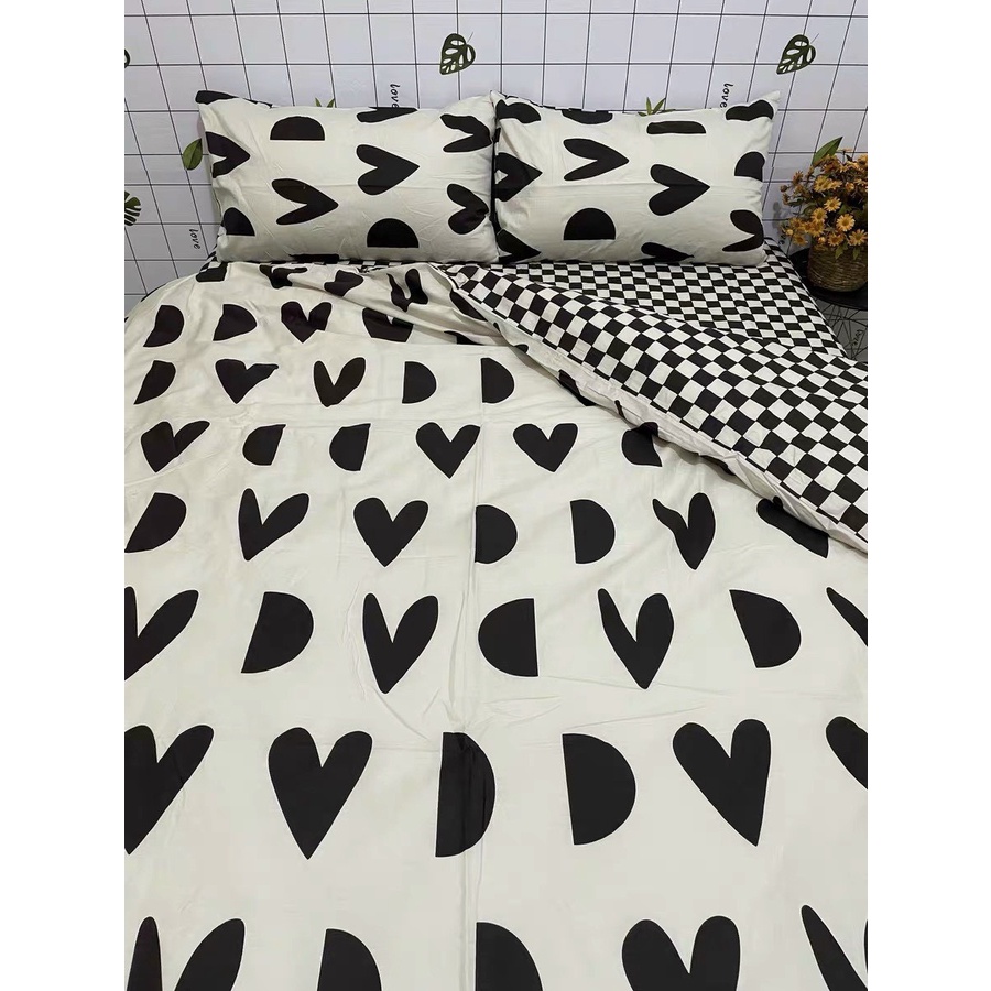 Bộ chăn ga gối Cotton poly M2T bedding gồm vỏ chăn mền, drap ga giường và 2 vỏ gối nằm - PL Tim khuyết đen