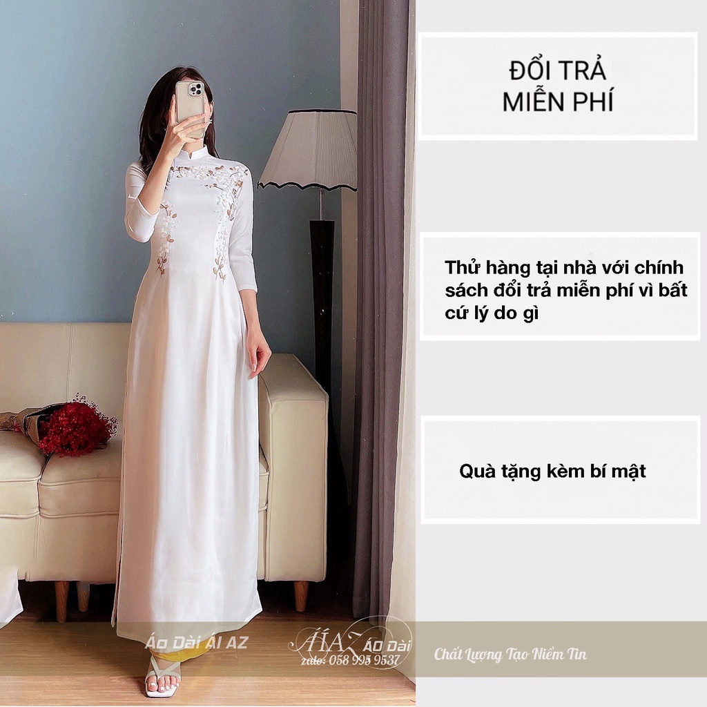 Áo Dài Truyền Thống Nữ Cổ Cao Tay Lỡ Hoa Thủ Công AT04