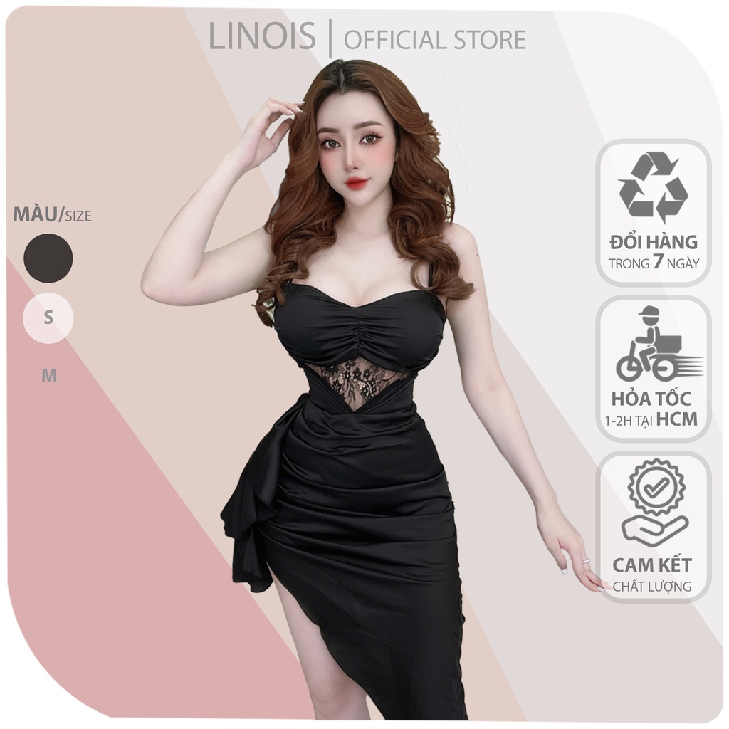 Đầm Body Hai Dây Tà Chéo Nhún Ngực Phối Ren Eo - Vải Lụa Phối Ren - 2 Màu Trắng, Đen - Dành Cho Nàng Đi Tiệc