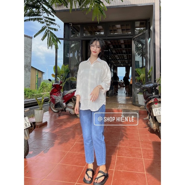 Set baggy jeans trơn xanh + sơ mi tay dài 1 túi