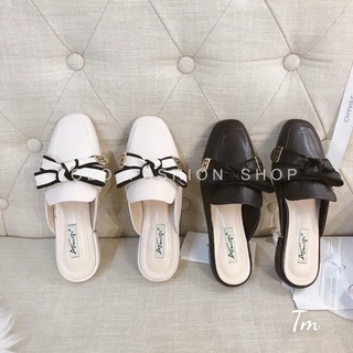 Giày sục nữ mũi vuông đính nơ xinh xắn phong cách hàn quốc da mềm êm chân-SU16