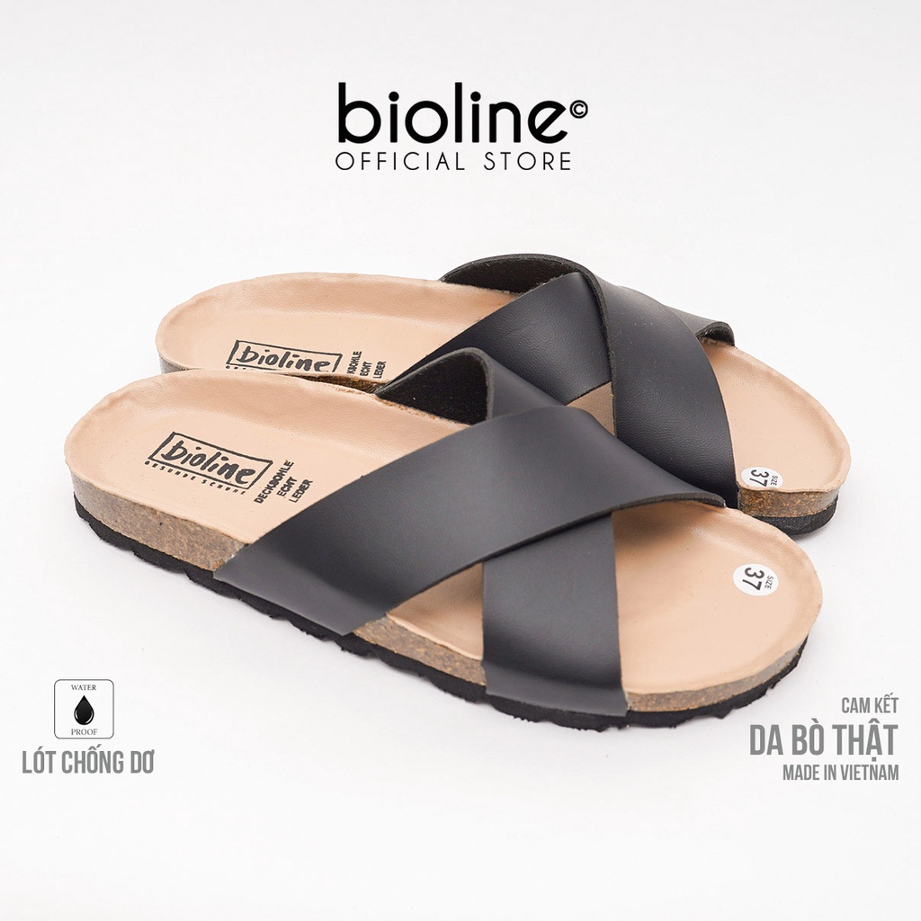 DK03-LÓT CHỐNG NƯỚC - Dép đế trấu BIRKEN da bò thật nam nữ unisex, dép da bò quai chéo vintage chính hãng BIOLINE - D03