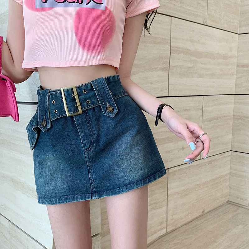 QOEDDV Chân váy jean Lưng Cao Dáng Chữ A Thời Trang Quyến Rũ Cho Nữ