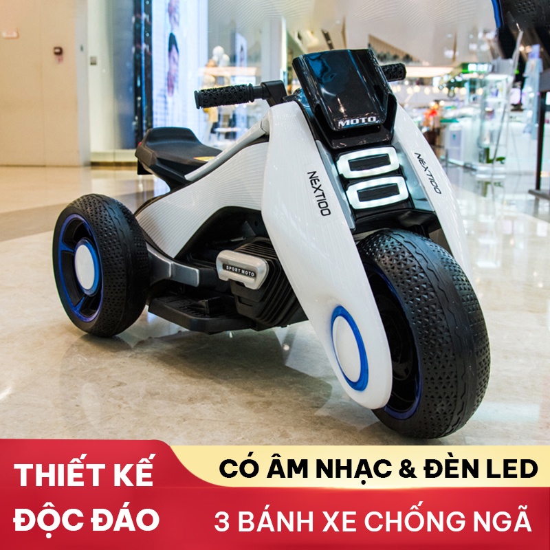 Xe mô tô điện trẻ em thiết kế sang trọng cool ngầu 3 bánh xe giúp giữ thăng bằng tránh bị ngã có đèn LED âm nhạc thú vị