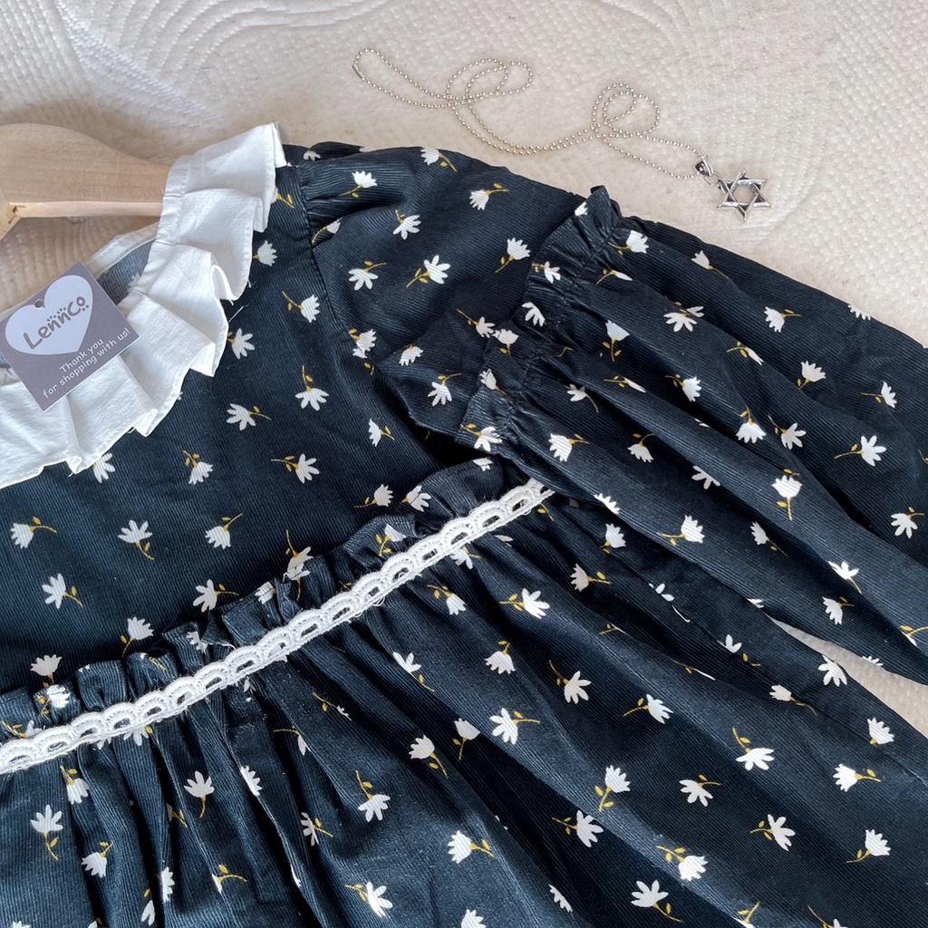 Váy Lennco nhung tăm đen cổ xếp ly cho bé gái