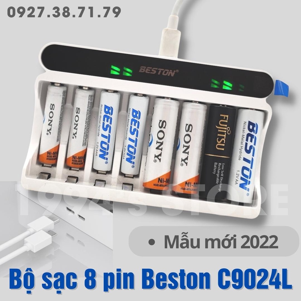 Bộ Sạc 8 pin AA AAA Beston C9024L Version 2023 sạc nhanh, tự ngắt khi đầy, đèn LED báo thông minh,Cổng sạc Type C