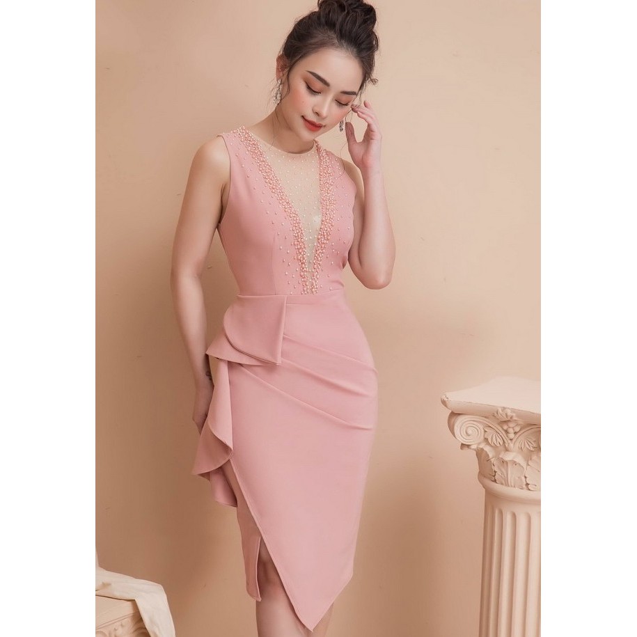 Đầm váy cổ tim phối lưới đính hạt đá 2302 (kèm hình thật - CÓ BIG SIZE)