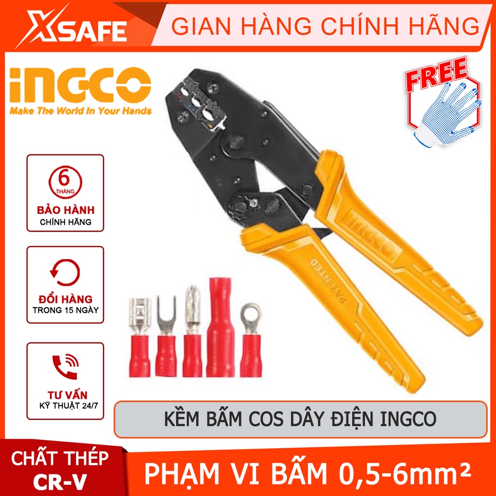 Kềm bấm cos dây điện INGCO HRCPJ0506 Kìm cắt tuốt thép carbon dài 9 inch, phạm vi bấm 0,5-6mm², chịu lực, chịu nhiệt tốt