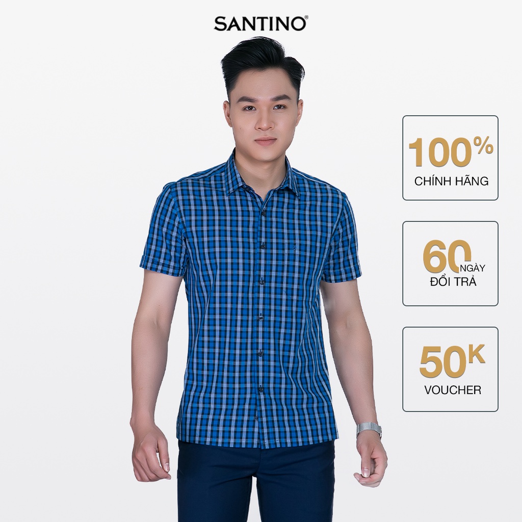 Áo sơ mi nam SỢI TRE ngắn tay Santino, màu xanh đậm hoạ tiết caro, dáng slim trẻ trung 616