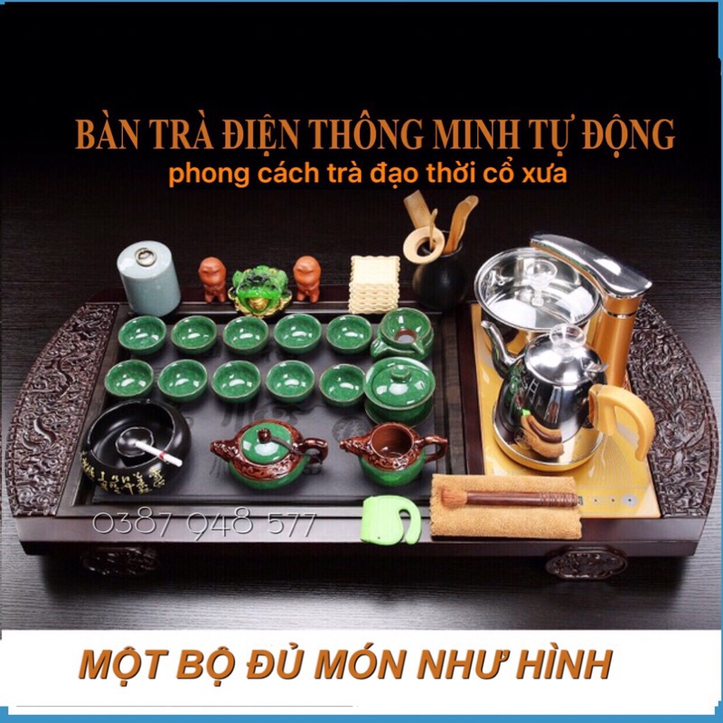 Bàn trà điện thông minh đa năng cao cấp giá rẻ cảm ứng tự động bơm nước khung gỗ đục tròn 92cm mặt đá ,Bàn trà đạo