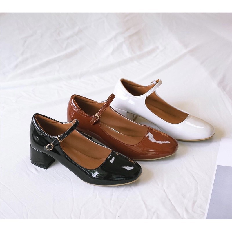 Giày Cao Gót Nữ Mũi Tròn Quai Ngang Da Bóng Mary Jane Phong Cách Vintage - GD003