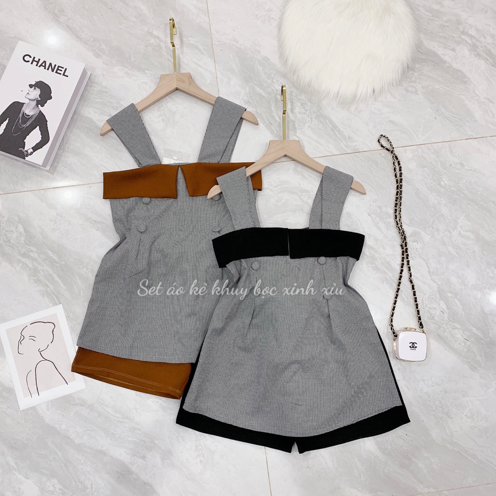 Set áo kẻ 2 dây thiết kế cúc bọc mix quần short đùi HO634