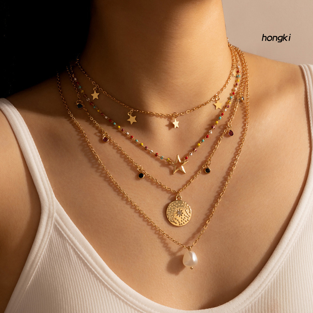 Vòng Cổ Choker 4 Tầng Hình Ngôi Sao Năm Cánh Đính Ngọc Trai Giả