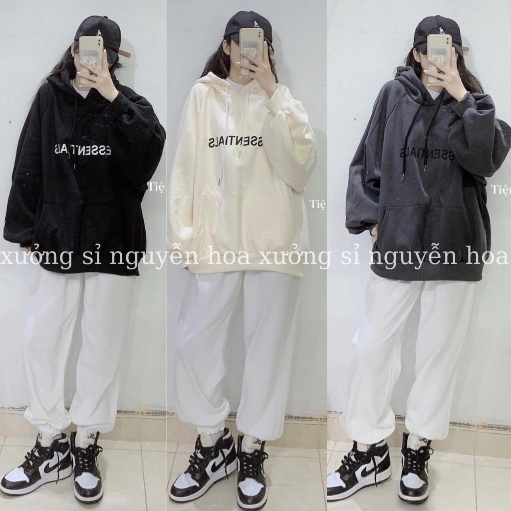 Áo hoodie nam nữ form rộng esentials unisex chất nỉ kiểu màu trắng be đen nâu xám xưởng sỉ nguyễn hoa