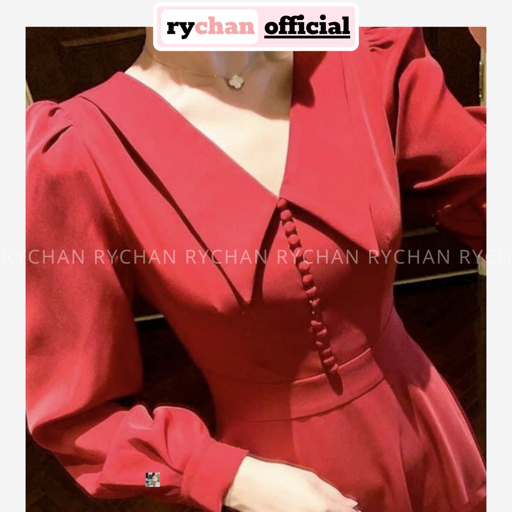 Đầm Xòe Midi Đỏ Cổ Thủy Thủ Nút Bọc Sang Trọng [Ảnh Thật Cuối] - DX0105