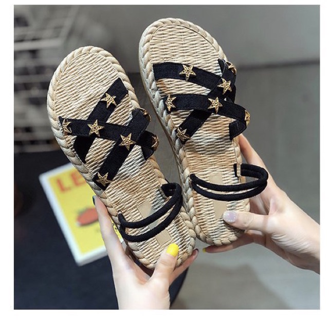 Sandal nữ đế cói ⭐FREESHIP⭐ sandal quai sao trẻ trung 2 in 1 (đeo được 2 kiểu)