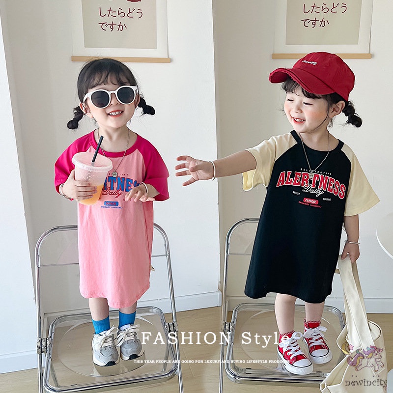 Đầm Cotton Ngắn Tay In Chữ Thời Trang Mùa Hè Hàn Quốc Dành Cho Bé Gái