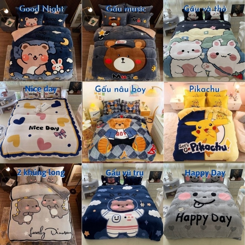 Bộ chăn ga gối nỉ nhung 3D cao cấp 2020, bộ nỉ nhung dày ấm - nhắn chọn mẫu