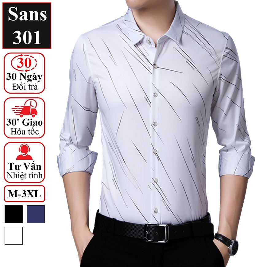 Áo sơ mi nam tay dài họa tiết Sans301 công sở thời trang hot hàn quốc hoa văn trắng đen xanh cao cấp chất đẹp
