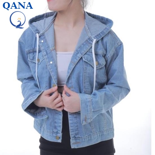♘ↂÁo khoác jean nữ QANA freesize 40 - 62kg túi hộp có nón và trong g140