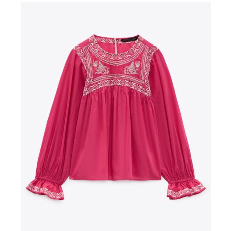 Zara Áo Sơ Mi Cổ Tròn Dáng Rộng Thêu Họa Tiết Thời Trang Mùa Hè 7521031Áo blouse