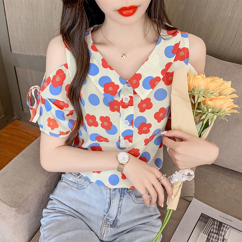 Áo Sơ Mi chiffon Tay Ngắn Cổ Búp Bê Dáng Rộng In Họa Tiết Hoa Thời Trang Mùa Hè Cho Nữ