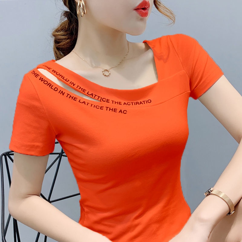 Áo Thun Cotton Ngắn Tay Dáng Ôm Thiết Kế Lệch Vai Độc Đáo Thời Trang Cho Nữ