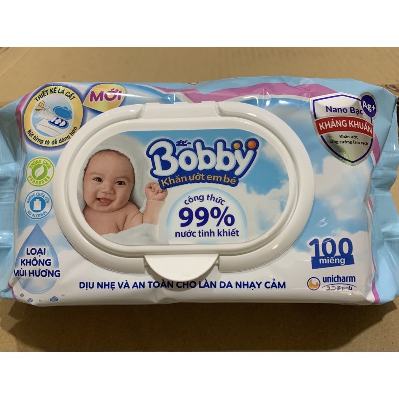 Khăn Ướt Bobby Không Mùi (100 Miếng)