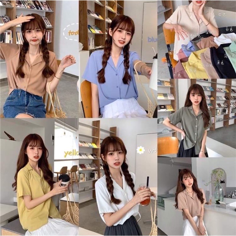 [Ảnh thật/Video/Sẵn]Áo sơmi cổ vest cộc tay Quảng Châu/Áo sơmi cổ vest style Ulzzang