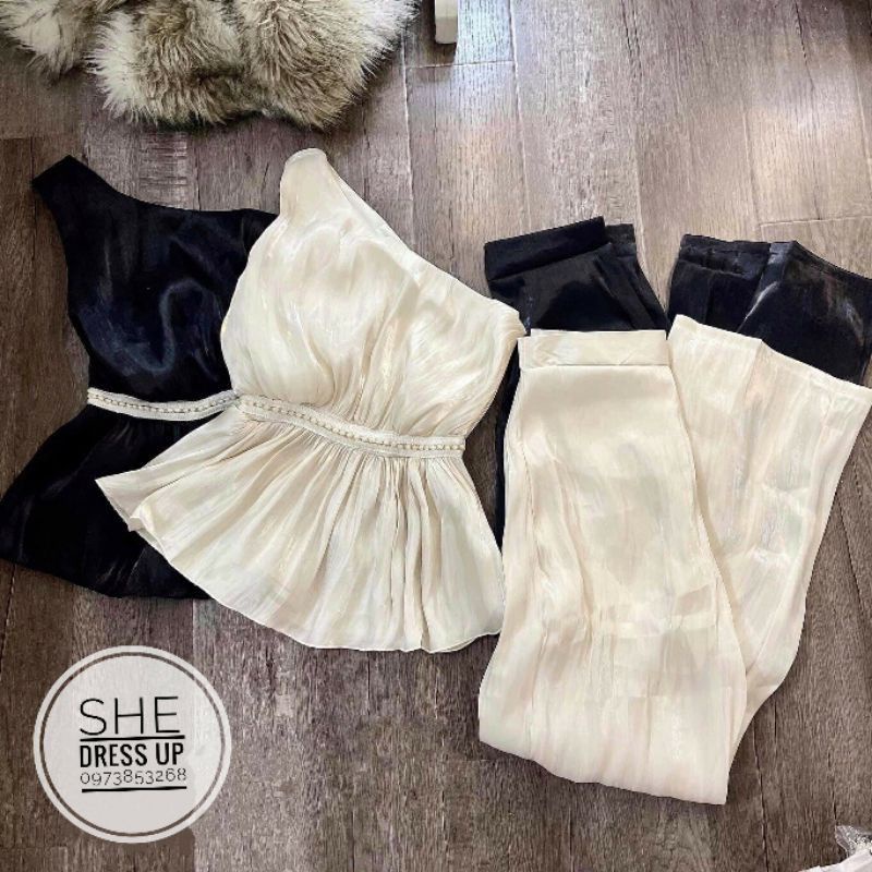 Thanh Lý set tơ áo lệch vai kèm quần suông