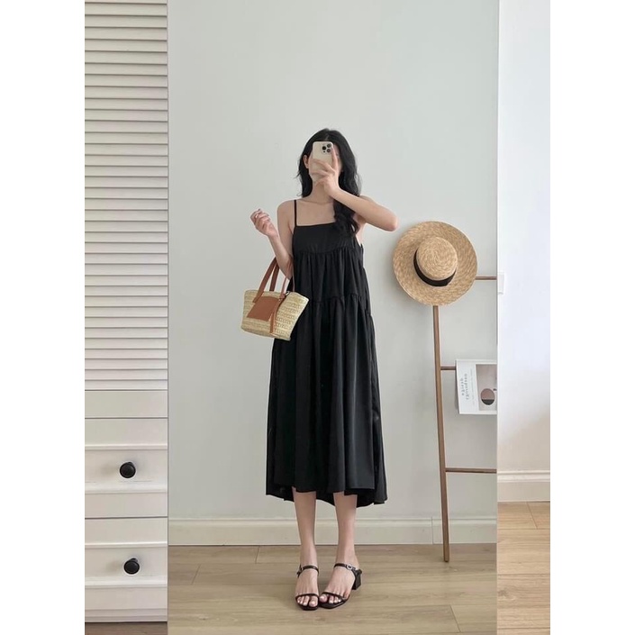 Váy Nữ Hai Dây Dáng Suông Xòe 3 Tầng Đầm Nữ 2 Dây Xanh Lá Hottrend Freesize Phong Cách Hàn Quốc