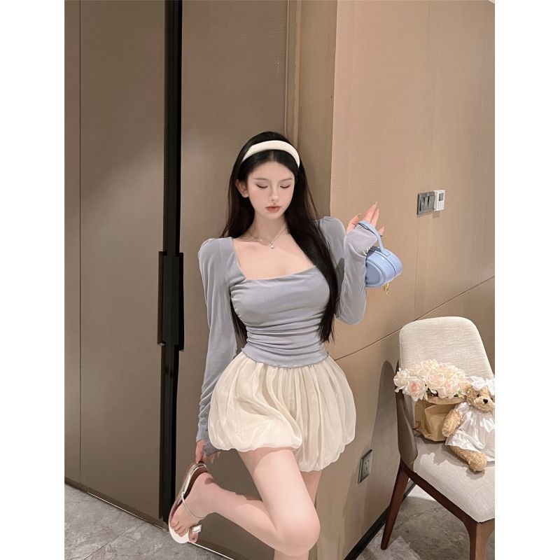 COZOK Set Áo Thun Tay Dài Cổ Vuông + Quần Short Lưng Cao Tôn Dáng Hợp Thời Trang