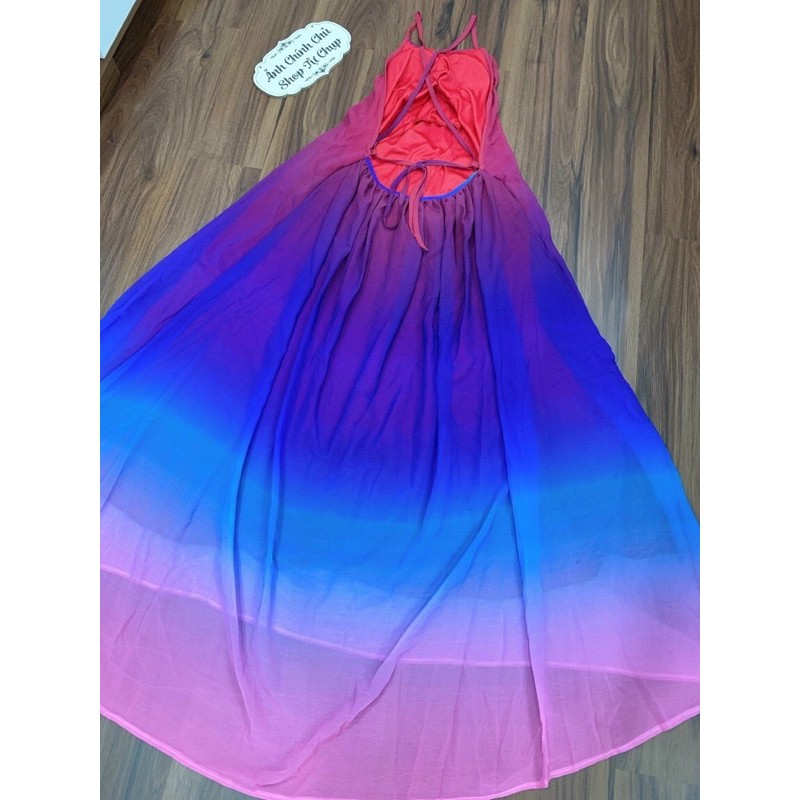 [CÓ HÌNH THẬT] ĐẦM MAXI LOANG OMBRE CỔ YẾM HỞ LƯNG SIÊU ĐẸP