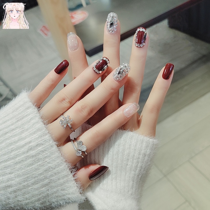 Set 24 móng tay giả màu đỏ rượu đính đá giả phong cách pháp thời trang có thể tháo ra