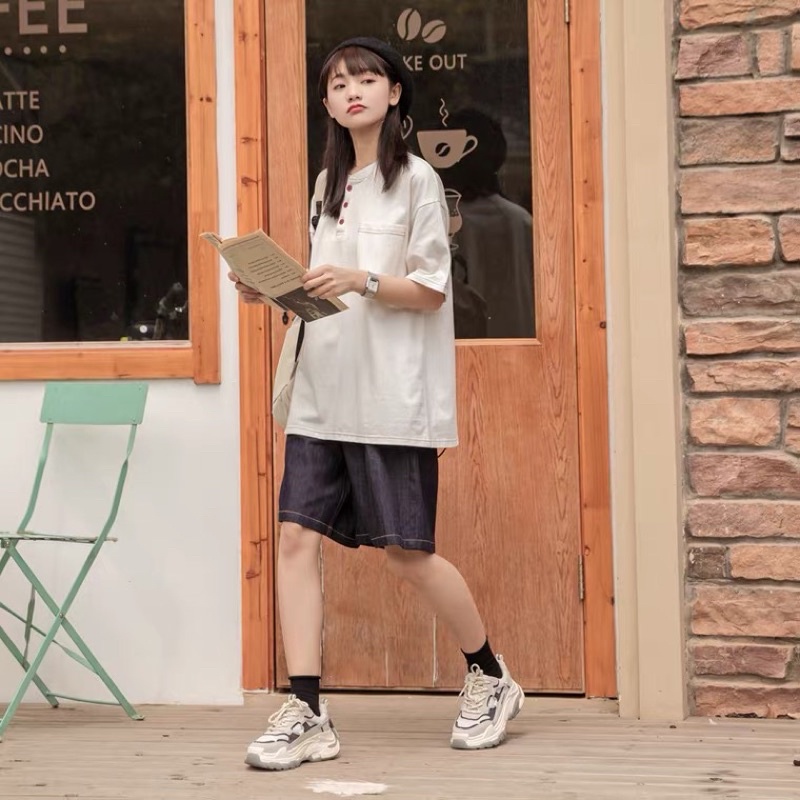 Bộ Áo Phông Rộng Chỉ Nổi + Quần Ngố Bò Phong Cách Nhật Bản COTTON 100%