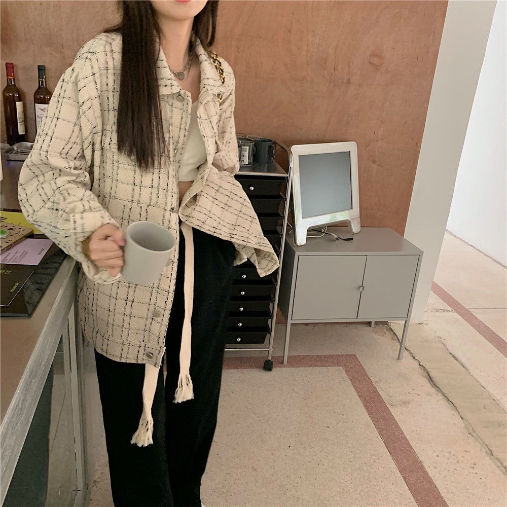 Áo khoác dáng rộng họa tiết sọc caro phong cách Hàn Quốc thời trang xuân thu dành cho nữ