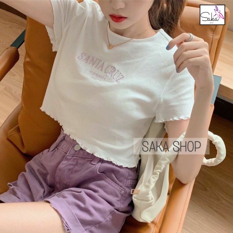 Áo croptop nữ tay ngắn thun cuốn biên thêu chữ màu tím sake dễ thương