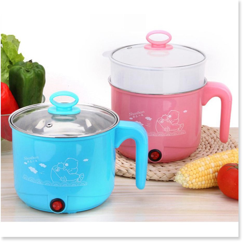 Ca nấu mì, Nồi lẩu điện mini đa năng 2 tầng kèm lồng hấp và nắp kính cao cấp 18cm - giao màu ngẫu nhiên