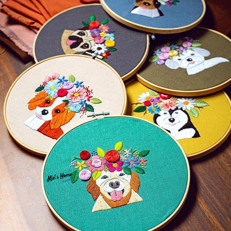Bộ Kit Nguyên Liệu Tự làm thêu tay Thủ công DIY CÓ KHUNG THÊU Cún Yêu thêu Vòng trang trí nội thất - MIE Handmade