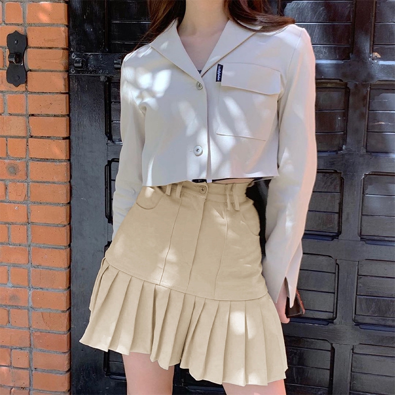 DUNEA Chân váy mini eo cao xếp ly màu trơn thời trang đường phố trẻ trung