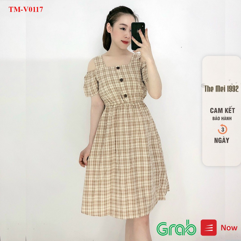 Đầm babydoll nữ The Mei 1992 - Đầm công sở chất cotton mát kẻ caro đính cúc xẻ vai siêu xinh