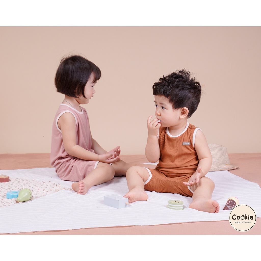 Bộ ba lỗ chui đầu quần cộc phối viền COOKIE cho bé - chất cotton tăm mềm mát