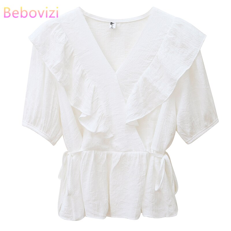 S-XXL 2021 New White Yellow Chiffon Ruffles Korean Fashion Summer Casual Short Sleeve Blouse Tops for Women Office Lady Clothes