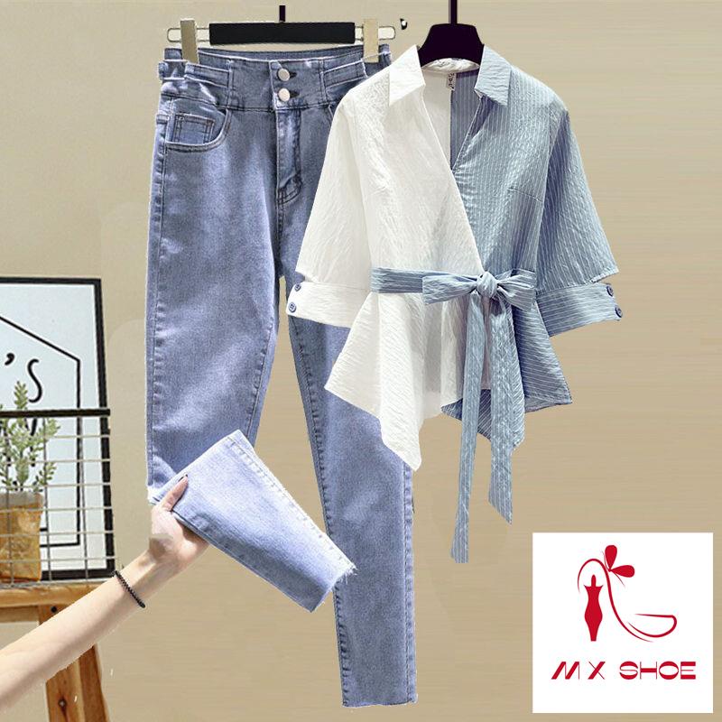 Set Áo Sơ Mi Phối Quần Denim Ống Rộng Plus Size Cho Nữ Lên Đến 100KG
