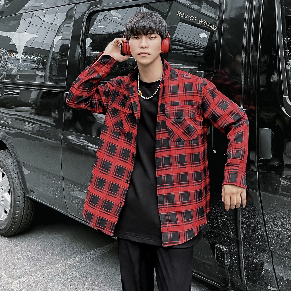 Áo Sơ Mi Flannel Màu Đỏ Chất Liệu Cotton Thoáng Mát