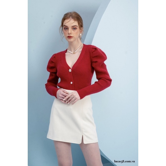 Áo len tăm cardigan đỏ cổ v tay bồng dài dọc cúc đá to